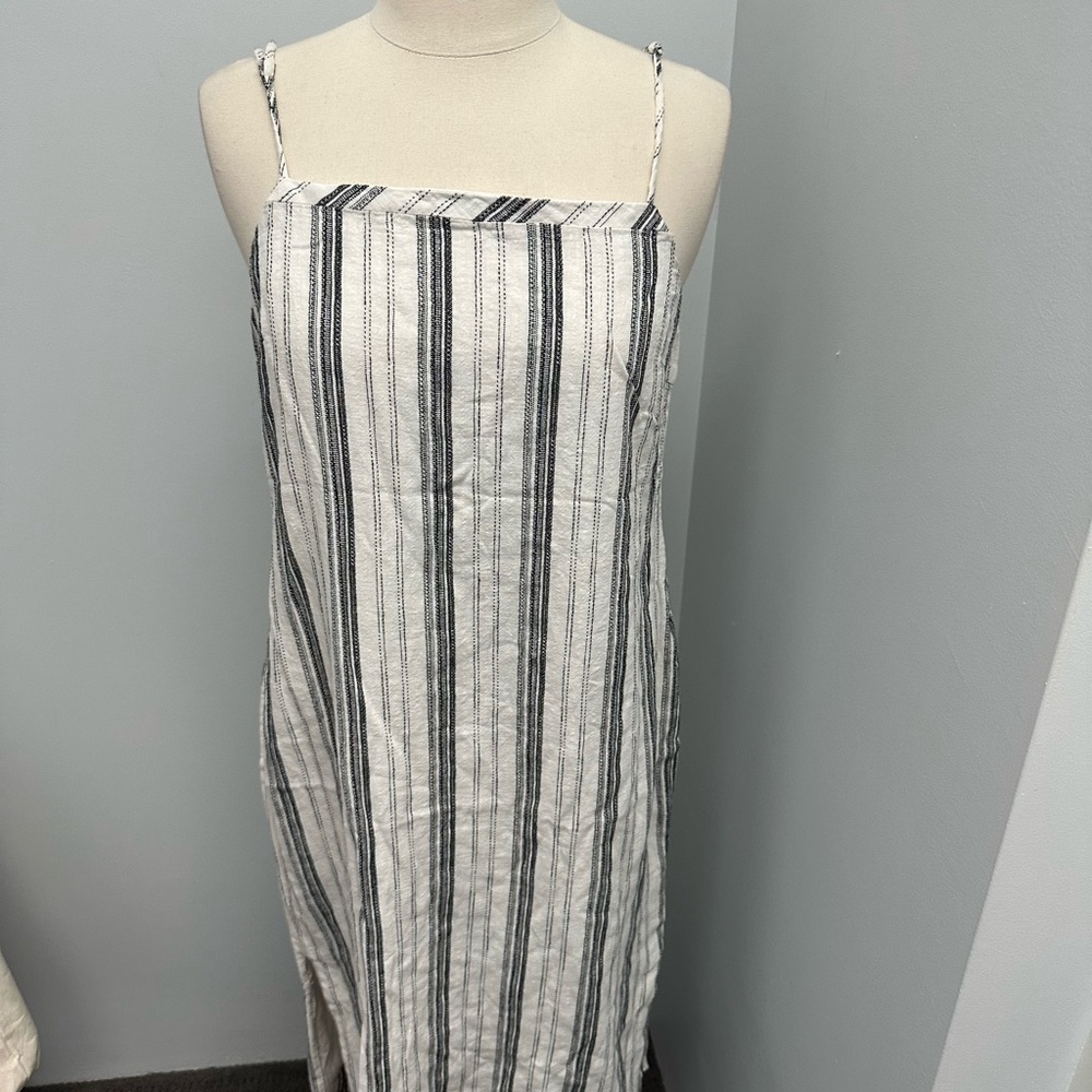 Nude Lucy Brooke Linen Stripe Dress MIDI White Navy Size M Summer Casual 12 - Picture 5 of 5